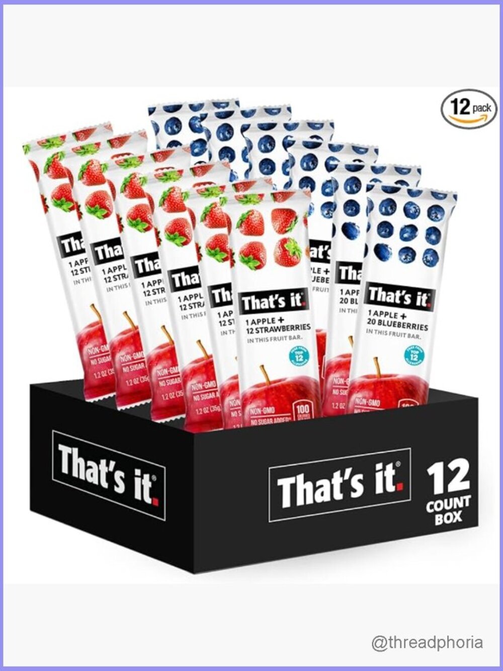 12 Pack Fruit Bars, Strawberry & Blueberry, No Sugar, Vegan, Gluten Free